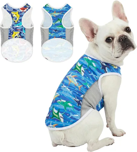 Vista 25 de Camiseta para perro con protección solar UPF 50+, paquete de 2 chalecos ligeros sin mangas para perros pequeños y niñas, tiras reflectantes, ropa