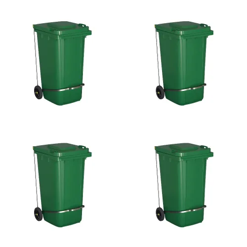 Vista 7 de Bote de basura rectangular con ruedas de 64 galones, color azul, con tapa y accesorio para escalonar, juego de 4