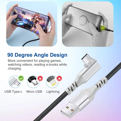 Vista 2 de Pofesun - Cable USB C [3 unidades, 6.6 pies] 3.1A tipo C cargador de carga rápida en ángulo recto, cable de carga USB C trenzado compatible