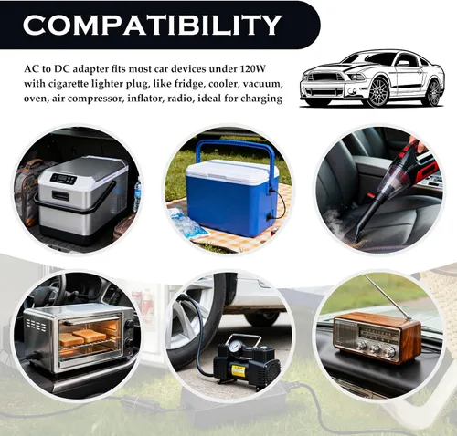 Vista 7 de Convertidor de 3 pines de 110V a 12V, convertidor de 120W 10A CA a CC, adaptador de encendedor de cigarrillos a enchufe de pared, adaptador de CA CC