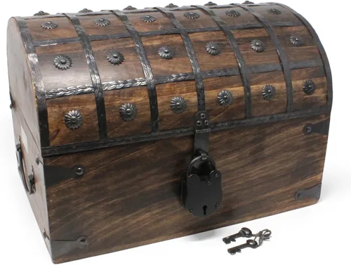 Vista 9 de Nautical Cove - Cofre del tesoro pirata hecho a mano para niños, premios y aula con cerradura y llaves de esqueleto – Caja de almacenamiento