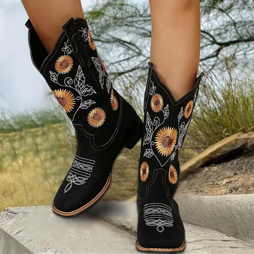 Vista 2 de HINDOLA Botas vaqueras para mujer, botas vaqueras de media pantorrilla, botas occidentales con bordado de girasol, punta cuadrada, tacón bajo, botas