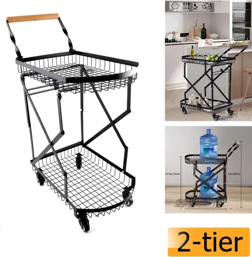 Vista 4 de Carrito plegable multiusos de 2 niveles, carrito de compras plegable móvil con caja de almacenamiento de ruedas y mango de madera para oficina, sala