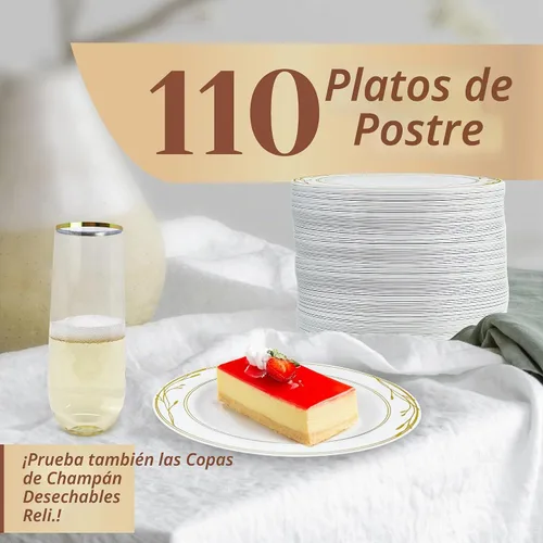 Vista 2 de Reli. Platos de postre de plástico blanco y dorado, 7.5 pulgadas, 110