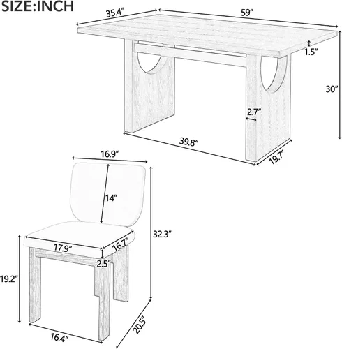 Vista 2 de Merax Juego de comedor retro de 7 piezas para 6, mesa rectangular de madera de goma con base de caballete diseñada y 6 sillas tapizadas para comedor