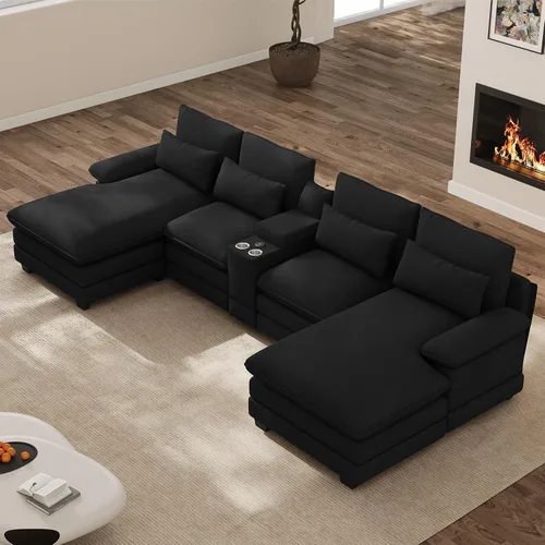 Vista 13 de Sofá nube en forma de U de 130 pulgadas con casa para gatos, sofá modular de gran tamaño para sala de estar, cómodo sofá grande de chenilla, juego