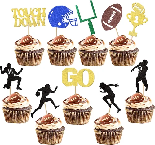 Vista 8 de Oh Baby - Juego de 24 adornos para cupcakes de fútbol americano con purpurina para decoración de cupcakes de fútbol americano para superrugby