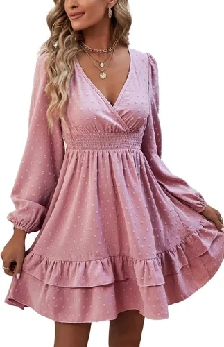 Vista 5 de Rooscier Vestido corto de manga larga con cuello en V y volantes para mujer
