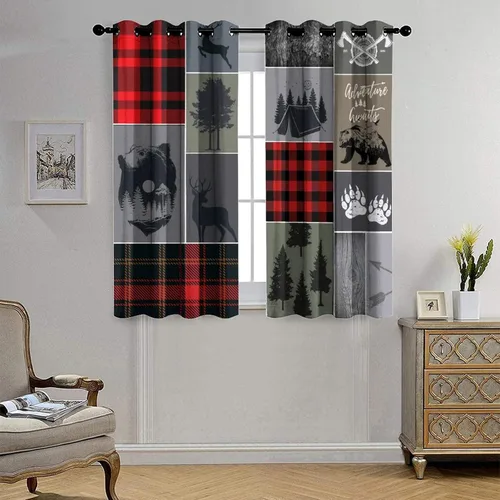 Vista 4 de Cortinas opacas rústicas de cabaña con osos y ciervos - Juego de cortinas de ventana con ojales de temática de granja abstracta, caza, animal