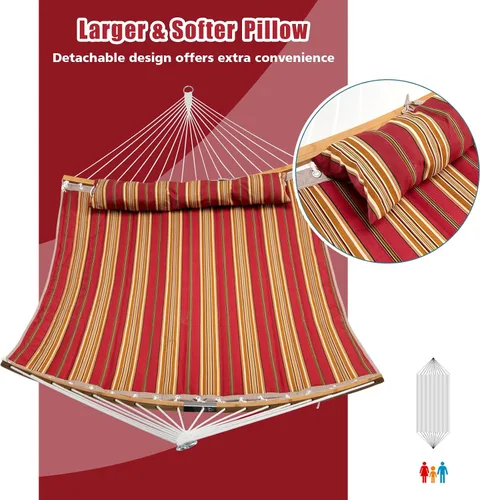 Vista 14 de Giantex Hamaca con almohada desmontable para colgar al aire libre, hamaca de patio con barra separadora de bambú curvada, cadena de acero, hamacas