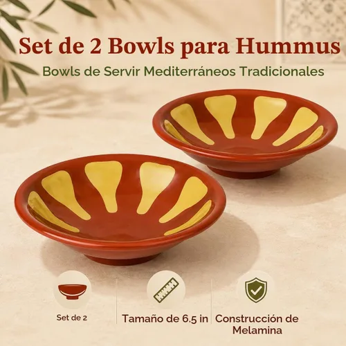 Vista 2 de Paquete de 2 cuencos de melamina para hummus de 6.5 pulgadas, platos