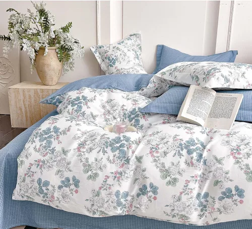 Vista 18 de Juegos de Fundas de Edredón Florales de Algodón 100% Natural de 2 Piezas - Funda de Edredón Blanco Grisáceo con Patrón de Flores y Ramas Lujosas