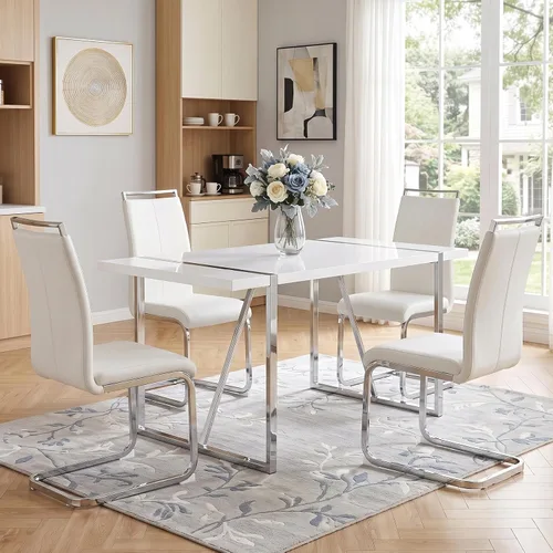 Vista 10 de Mesa de comedor Ebullient para 4, mesa de comedor rectangular negra de MDF, tapa de mesa de cena de mármol falso, mesa de comedor moderna con marco
