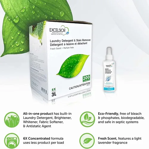 Vista 2 de Excelsior HE - Detergente líquido para ropa con aroma fresco concentrado, 200 cargas, 3 litros con removedor de manchas natural, detergente