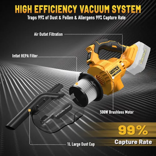 Vista 6 de Aspiradora inalámbrica compatible con batería Dewalt de 20 V (sin batería), 50 kPa 125 AW de succión fuerte 5 filtros HEPA Boquilla 4 en 1