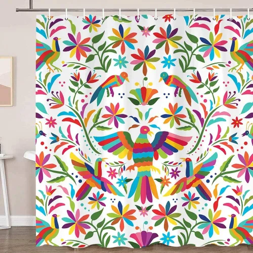 Vista 3 de Cortina de ducha con diseño floral de México, para baño, estilo tradicional mexicano Bluebird Otomi, diseño brillante, tela de cachemira, tela