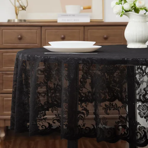 Vista 3 de Warm Home Designs Mantel Redondo Gótico. Cubierta de Mesa Circular Negra de 60 Pulgadas. Elegante Mantel Pequeño de Halloween con Diseño Floral