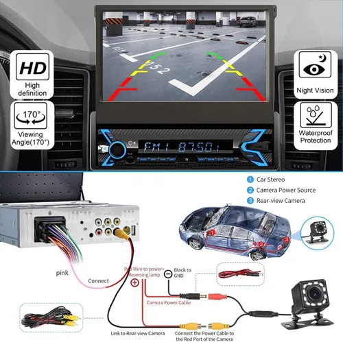 Vista 4 de Naifay Estéreo de coche de un solo DIN compatible con Apple Carplay y Android Auto, radio de coche con pantalla táctil de 7 pulgadas abatible