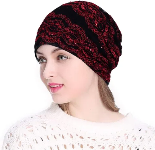Vista 2 de Turbante elástico de encaje indio rosa para mujer, bufanda para la cabeza para la pérdida de cabello, bufanda elástica suave (vino-03, tamaño libre)
