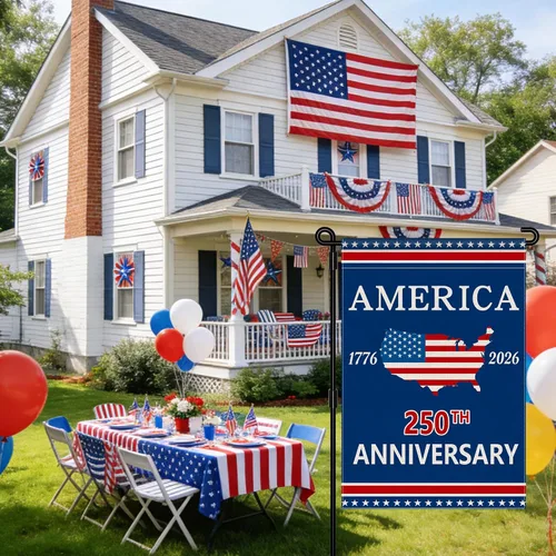 Vista 2 de Bandera de jardín con el 250 aniversario de Estados Unidos, bandera de Estados Unidos del 250 aniversario, bandera patriótica de 250 años, letrero