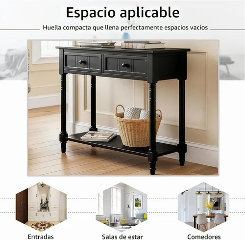Vista 4 de P PURLOVE Mesa de consola Aparador Mesa de sofá de madera con 2 cajones y estante inferior (negro)