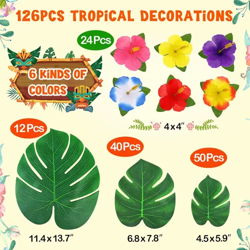 Vista 7 de 126 piezas de suministros para decoraciones de fiesta Luau, hojas de palma tropicales, flores de hibisco, hojas artificiales simuladas para fiestas