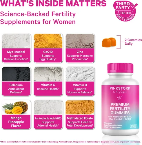 Vista 2 de Pink Stork Gomitas de fertilidad prémium Suplementos de fertilidad para mujeres con CoQ10, mio-inositol + vitaminas prenatales Apoyo a