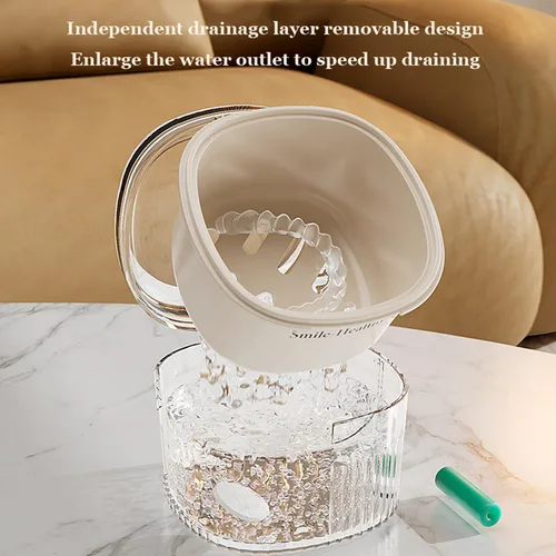 Vista 7 de Caja de retención de dentadura y tirantes transparentes para limpiar la dentadura y la caja de baño con cesta colador, contenedor de remojo