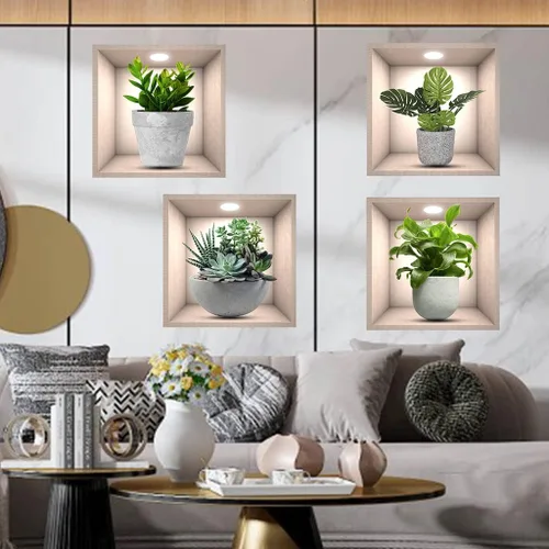 Vista 6 de iMagitek Paquete de 4 Pegatinas de Pared de Plantas Verdes 3D Calcomanías de Pared de Plantas Botánicas para Dormitorio, Sala de Estar, Cocina