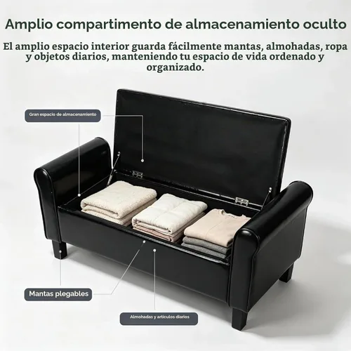 Vista 4 de 51 Inch Black Faux Leather Storage Ottoman Bench with Rolled Armrests Leather-black-51 Inch