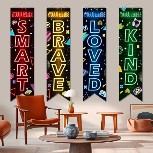 Vista 4 de 4 piezas de decoración de fiesta de videojuegos, pancartas colgantes de videojuegos para niños, letreros de neón para colgar fondos, fondo de juego