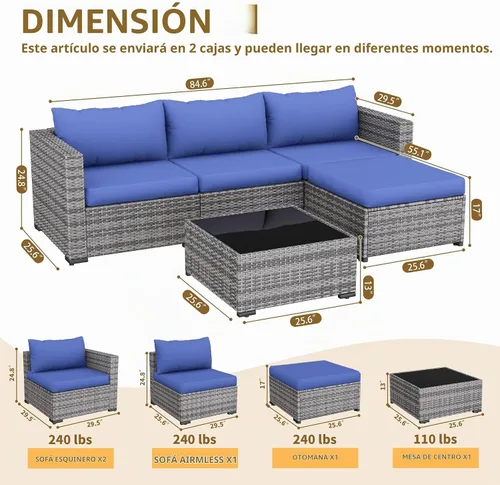 Vista 2 de UDPATIO Juego de muebles de patio de 5 piezas, sofá modular de mimbre para todo tipo de clima, sofá modular para exteriores en forma de L