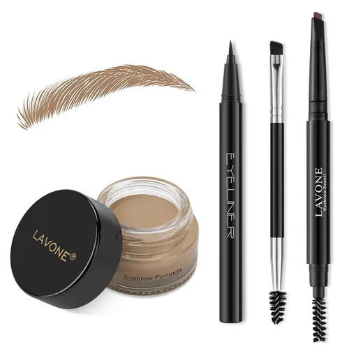 Vista 33 de LAVONE Kit de lápiz de sello para cejas, kit de maquillaje triple con lápiz de ceja impermeable, delineador, pomada de cejas y cepillo de cejas