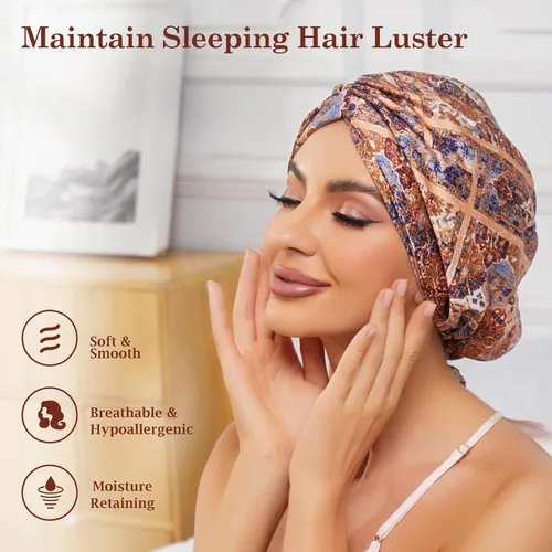 Vista 3 de Gorro de satén de seda ajustable para envolver el cabello para dormir, gorro de dormir de doble capa, turbante nocturno para cabello largo y rizado