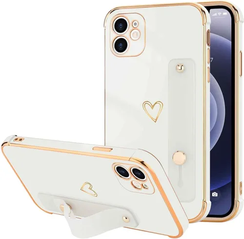 Vista 57 de LLZ.COQUE Funda compatible con iPhone 12 para mujeres y niñas, parachoques chapado de lujo con bonito diseño de corazón de amor, soporte de correa