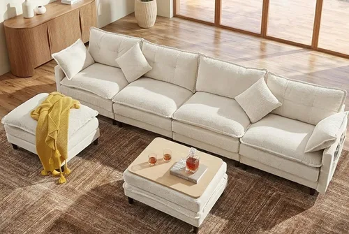 Vista 27 de Sofá de nube en forma de L de 73.5 pulgadas, sofá modular con mesa auxiliar otomana, sofá biplaza de pana con almohada, cómodo y moderno sofá