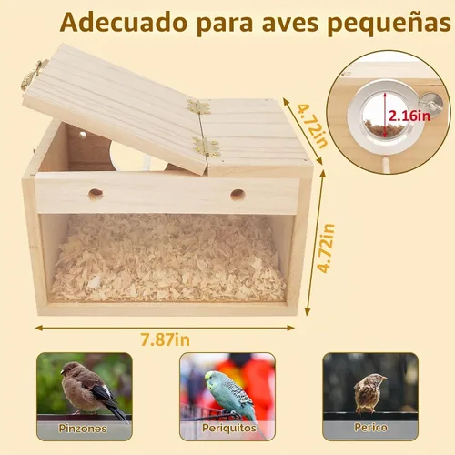 Vista 2 de BNOSDM Caja de nido de periquitos transparente con perca de madera para pájaros con jaula de cacatúas, periquitos, conure, pinzón, loro, pájaros