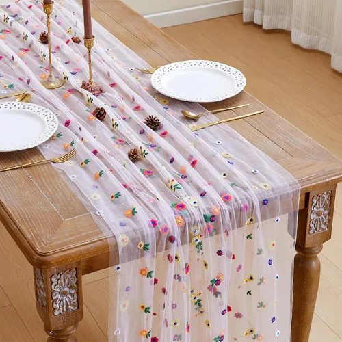 Vista 9 de JIALE Camino de mesa floral negro, decoración de mesa de temporada de margaritas bordadas, 120 pulgadas, 10 pies, tela de tul para decoración