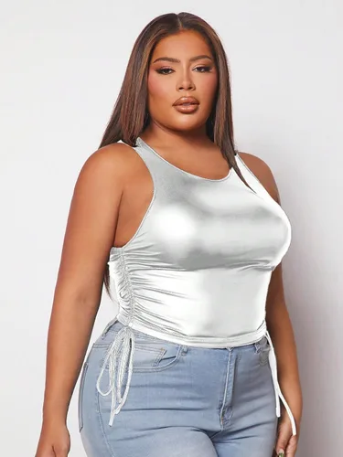 Vista 4 de Floerns Camiseta corta sin mangas con cordón para mujer, talla grande, metálica