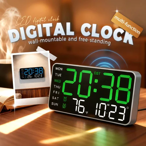 Vista 2 de Reloj de pared digital LED decorativo multifuncional, reloj digital grande que muestra la hora, fecha, temperatura, ajuste automático de brillo