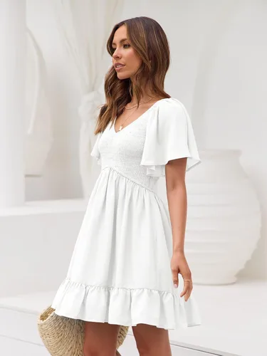 Vista 5 de LILLUSORY Minivestido casual con vuelo para mujer, vestido de verano para graduación, cuello en V, vestido de vacaciones con bolsillos