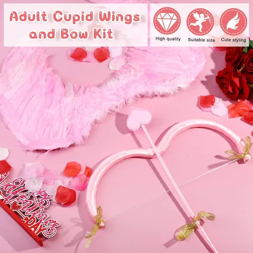 Vista 4 de Leitee Juego de disfraz de Cupido para el día de San Valentín, con lazo, kit de accesorios de disfraz de cupido, alas y flechas para niñas