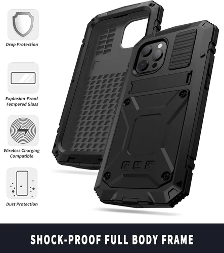 Vista 5 de Lunivop Funda de metal compatible con iPhone 13 Pro Max, protector de pantalla integrado para deportes al aire libre, protección resistente, a Negro