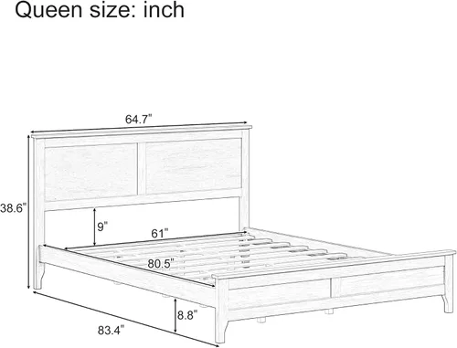 Vista 2 de Cama de plataforma tamaño Queen, moderna cama de madera maciza con soporte de listones de madera resistente, no necesita somier, Seadrift