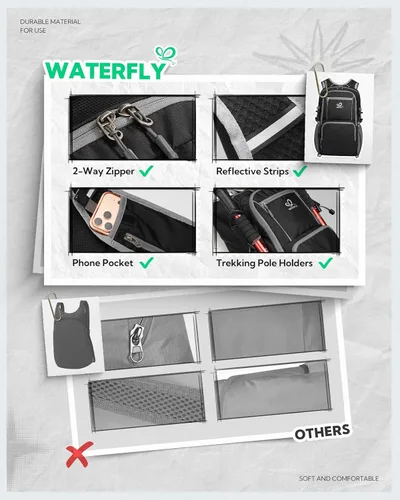 Vista 6 de WATERFLY Packable Hiking Backpack, 20L Small Lightweight Foldable Daypack Black