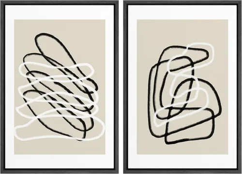 Vista 89 de SIGNWIN Lienzo enmarcado para pared, juego de arte de collage de ondas en espiral de mediados de siglo, formas abstractas, acogedor, neutro