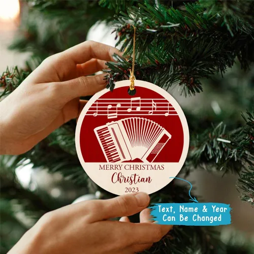 Vista 3 de Adorno de Navidad de instrumento musical de acordeón, nombre personalizado y adorno de año para acordeonista, regalo de profesor de música