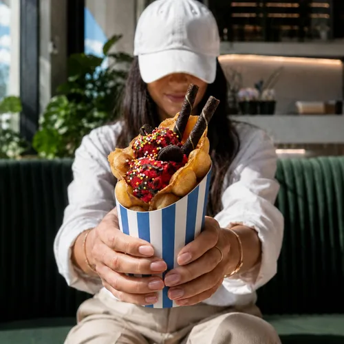 Vista 5 de Restaurantware Bio Tek - Recipientes de papas fritas de 12 onzas, 100 tazas desechables de charcutería, diseño inclinado, redondo, a rayas, de Azul