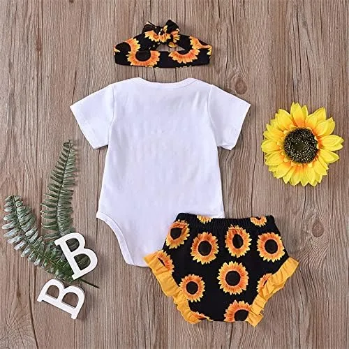 Vista 5 de Afunbaby Ropa de verano para bebé niña recién nacido con letras parte superior pantalones cortos de girasol linda ropa para bebé niña con diadema