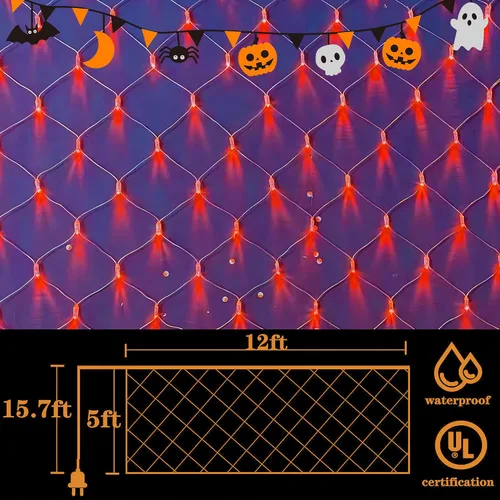 Vista 2 de Luces de red de Halloween, 360 luces LED de malla de 12 pies x 5 pies con 8 modos de control remoto, red impermeable de luces de arbusto de Navidad